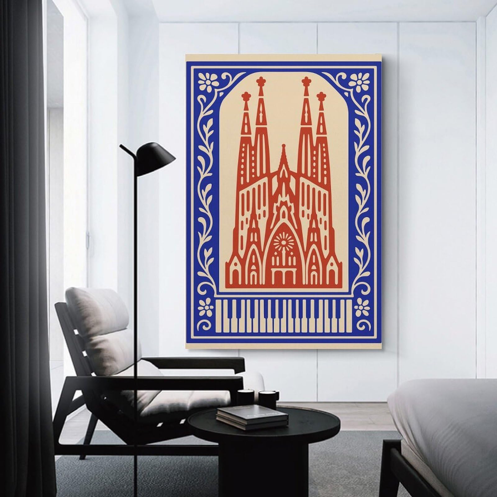 Junmoney Sagrada Familia Illustration with Floral Border Canvas Art Print, 20x30inch(50x75cm), for Small Homes, Bedrooms Or Open Spaces, Wall Decor with Flexible Room Appeal