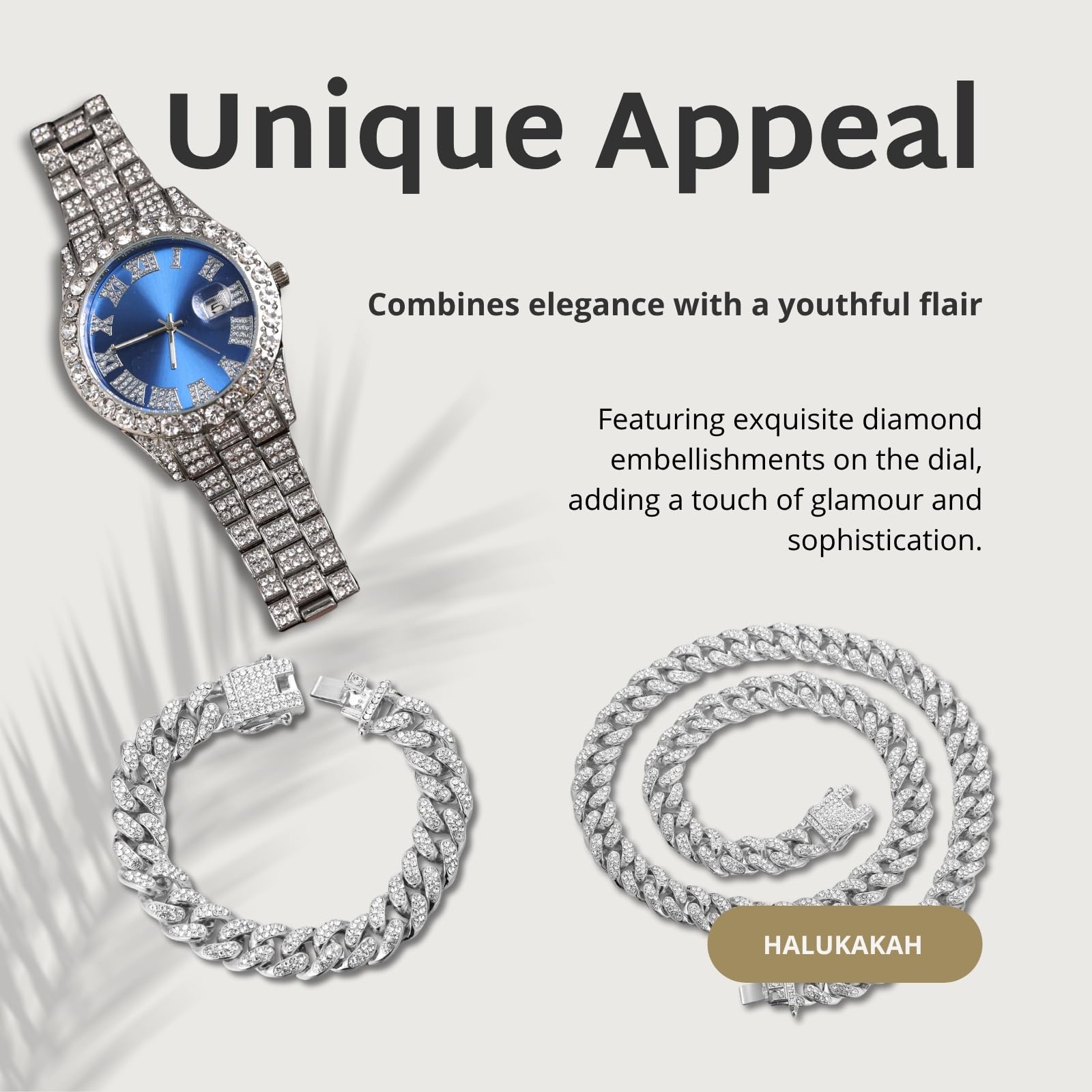 Halukakah Diamanten Gold Uhr für Jungen - 18K Echtgold/Platin Platiniert,42mm Blaues/Grünes/Rotes Zifferblatt,Japanisches Quarzwerk - 20cm Länge- Optional mit Cuban Gliederkette,mit Anpassungswerkzeug