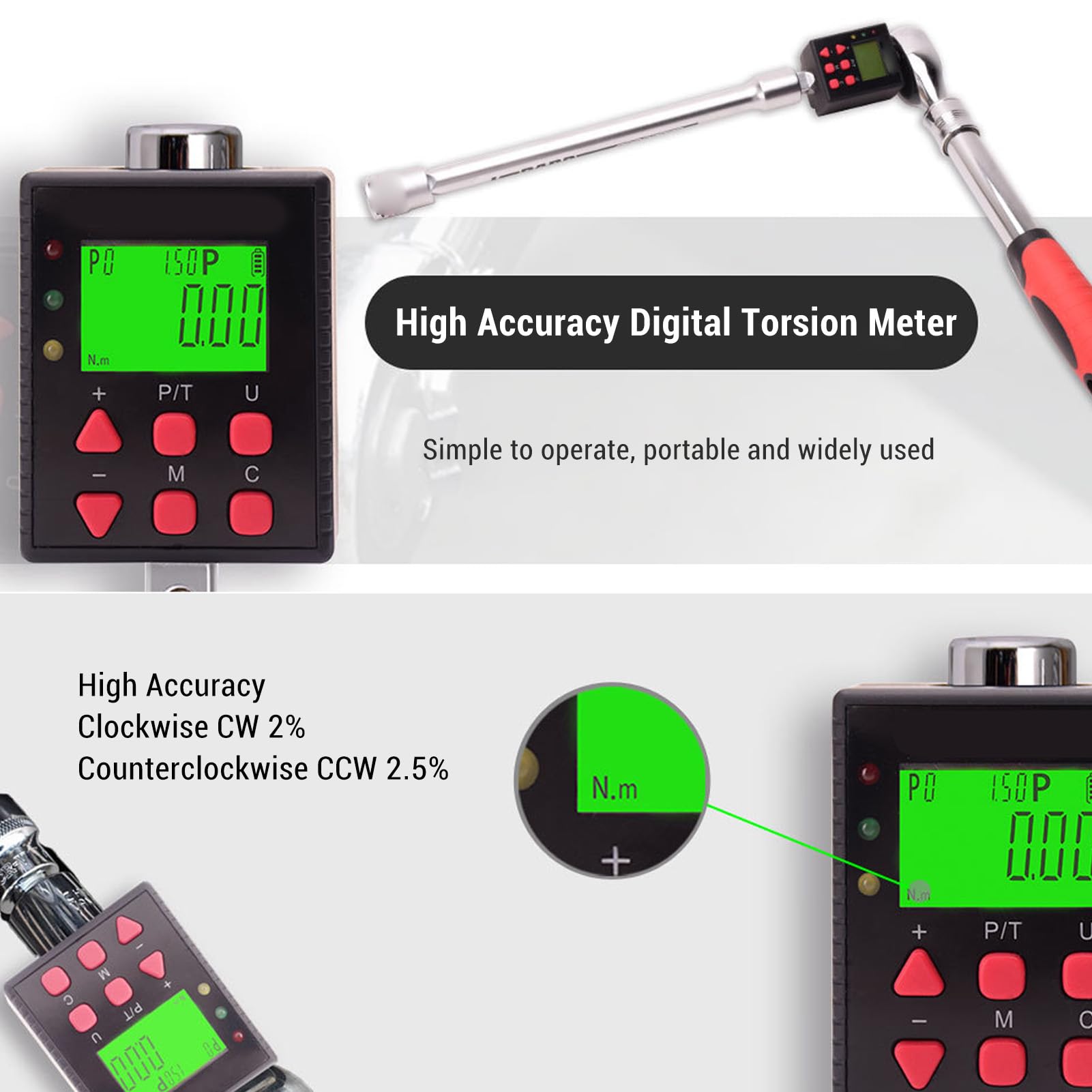 ZIZEV Digital Torques Adapter, 1/2 Inch 3.4-340 N.m High Accuracy Digital Display Torsion Meter Portable Wrench Adapters, Electronic Torsion Wrench Converter with 3/8in and 1/4in Adapter