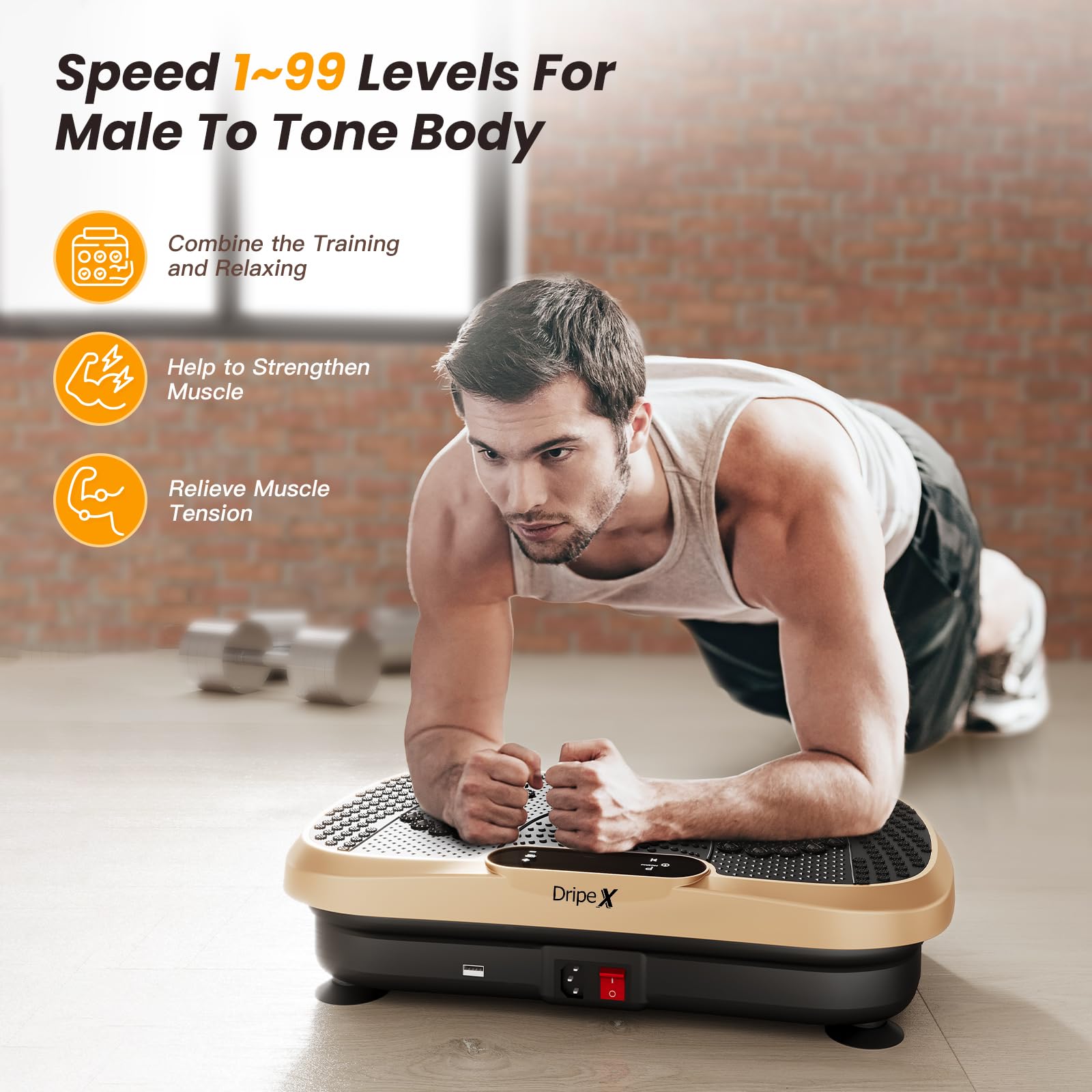 Dripex Vibrationsplatte, 3D Trainingsgerät mit 99 Vibrationsstufen, Fitnessgeräte für Zuhause, Ganzkörpertraining und Muskelaufbau, 5 Trainingsprogramme, Bluetooth Lautsprecher, Trainingsbänder