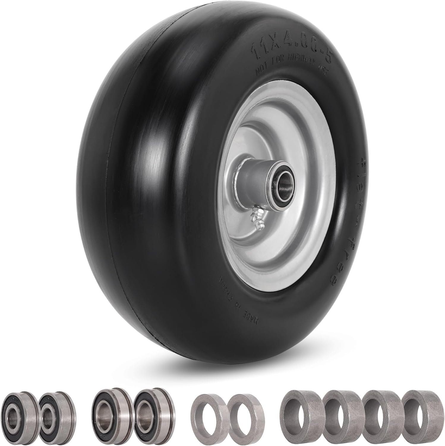 RUTU 11x4.00-5 Flat Free Tire and Wheel Assembly with 3/4" Precision bearings or 5/8" & 1/2",Replacement Tires 3.4"-4"-4.5"-5" Centered Hub,for Zero-Turn Lawn Mowers
