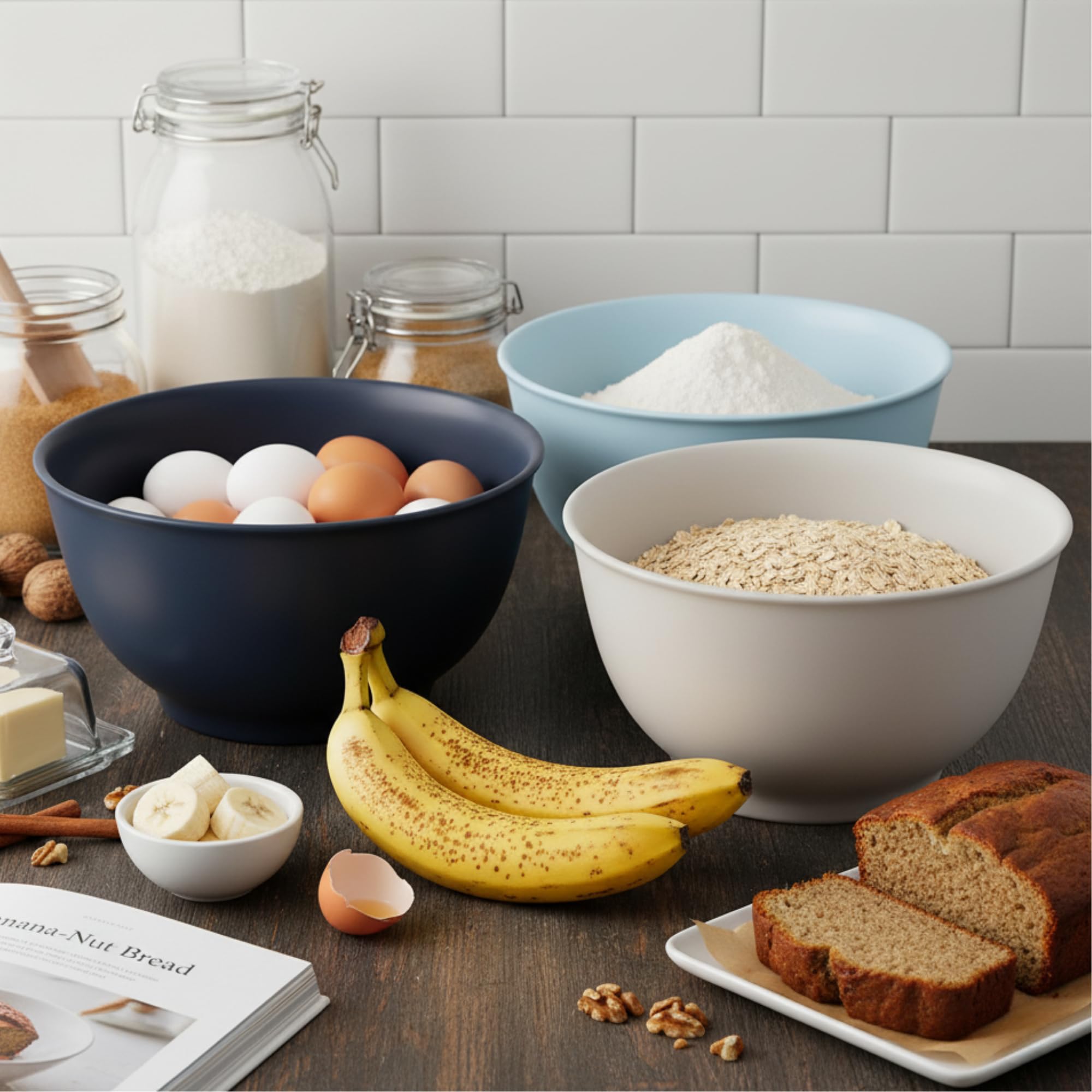 TP Juego de cuencos grandes para mezclar con tapas, juego de cuencos de melamina para hornear pasta, ensalada, juego de 3, azul y blanco