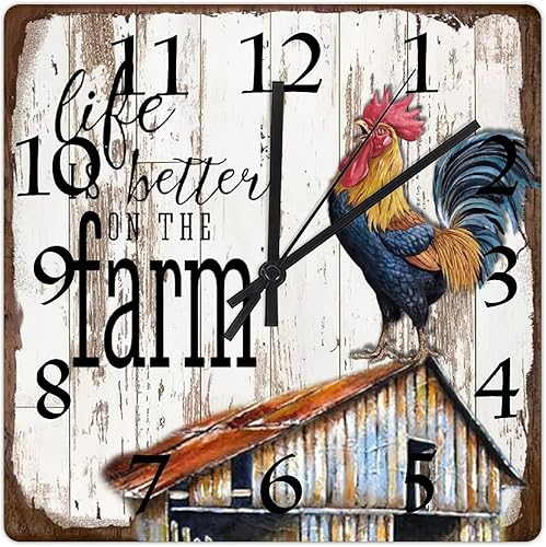 Decoración rústica de granja, Life Is Better on The Farm Rooster on Country Barn - Relojes de pared modernos y rústicos, funciona con pilas, reloj Decoración rústica de granja, Life Is Better on The Farm Rooster on Country Barn - Relojes de pared modernos y rústicos, funciona con pilas, reloj