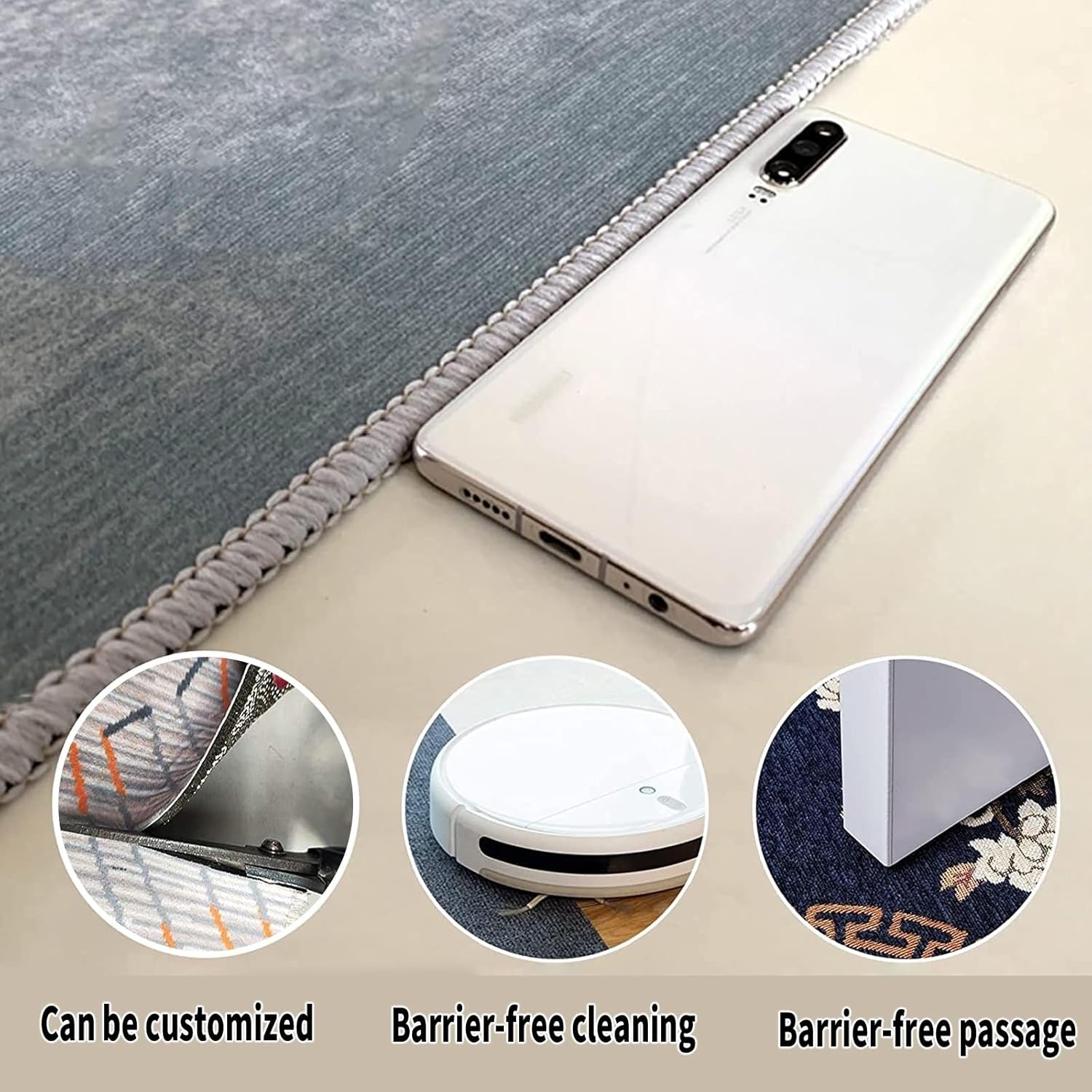 Close-up of rug features including customization, barrier-free cleaning, and passage