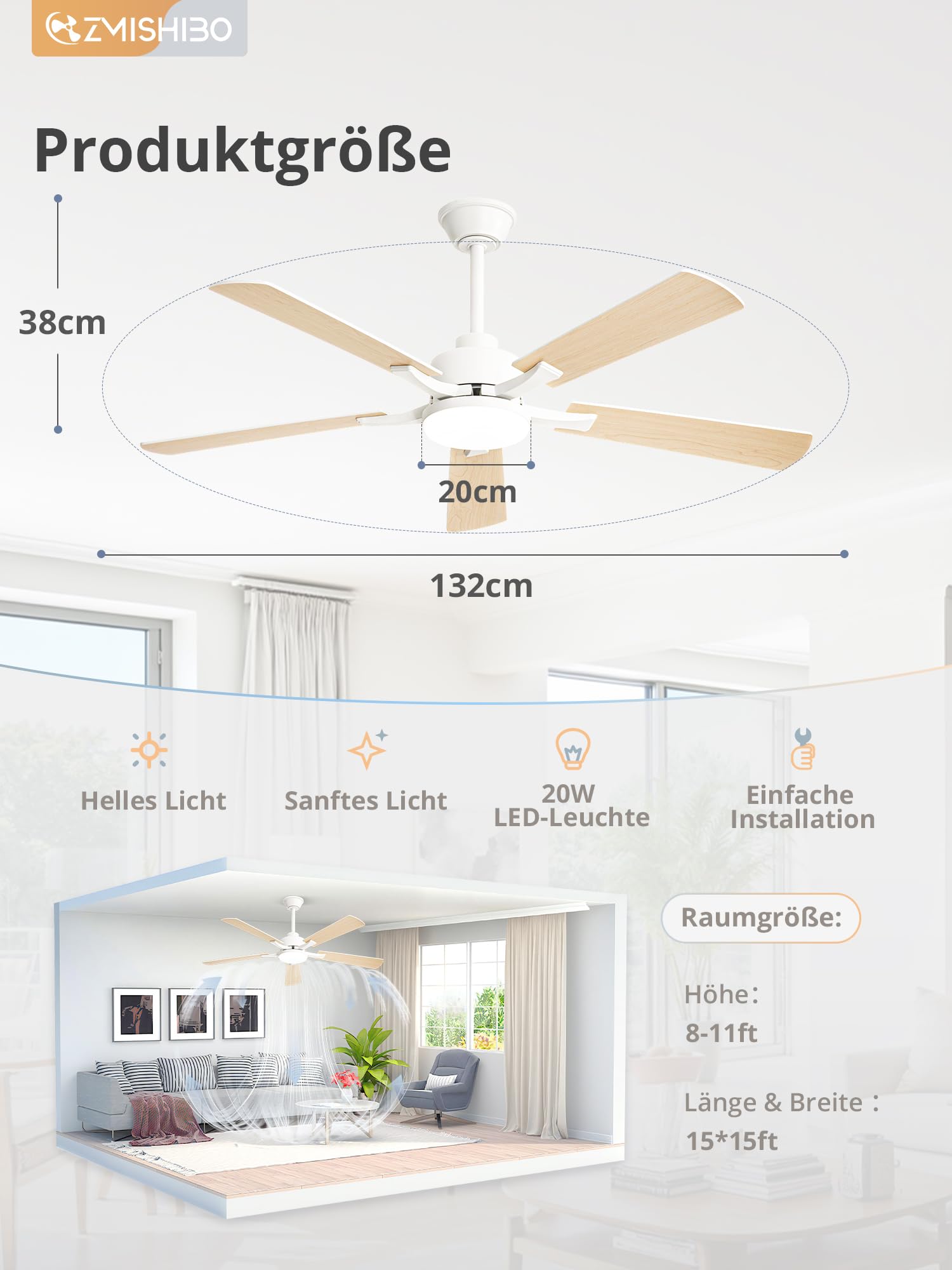 ZMISHIBO Deckenventilator mit Beleuchtung, 132cm Leiser Ventilator mit App- & Fernbedienung, leiser & umkehrbarem DC-Motor, Deckenleuchte mit Ventilator für Schlafzimmer & Wohnzimmer