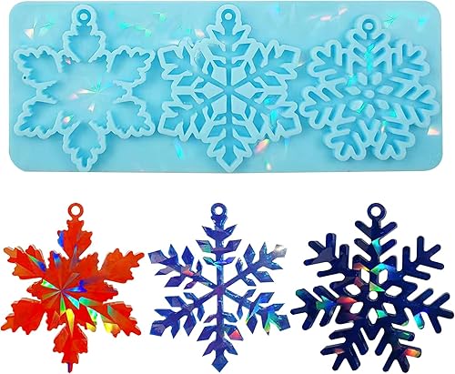 DoreenBow 4 moldes de resina holográfica de Navidad, copos de nieve, adornos de Navidad redondos para resina epoxi para bricolaje, llavero,