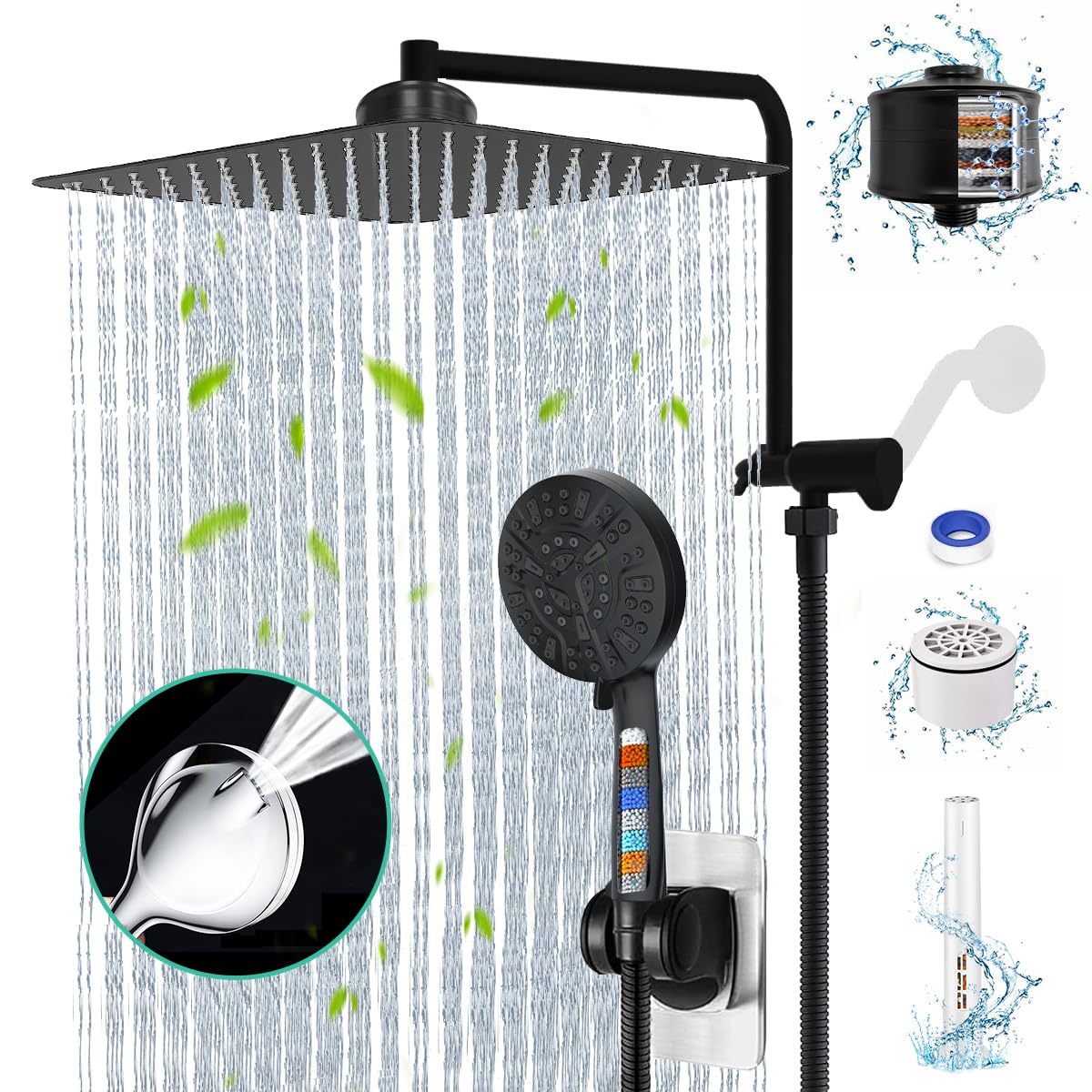 Soffione doccia nero da 30,5 cm con doppio filtro portatile per doccia a pioggia con 10 impostazioni palmare integrato, 2 Power Wash con braccio di estensione da 30,5 cm, tubo da 200,7 cm e cartucce