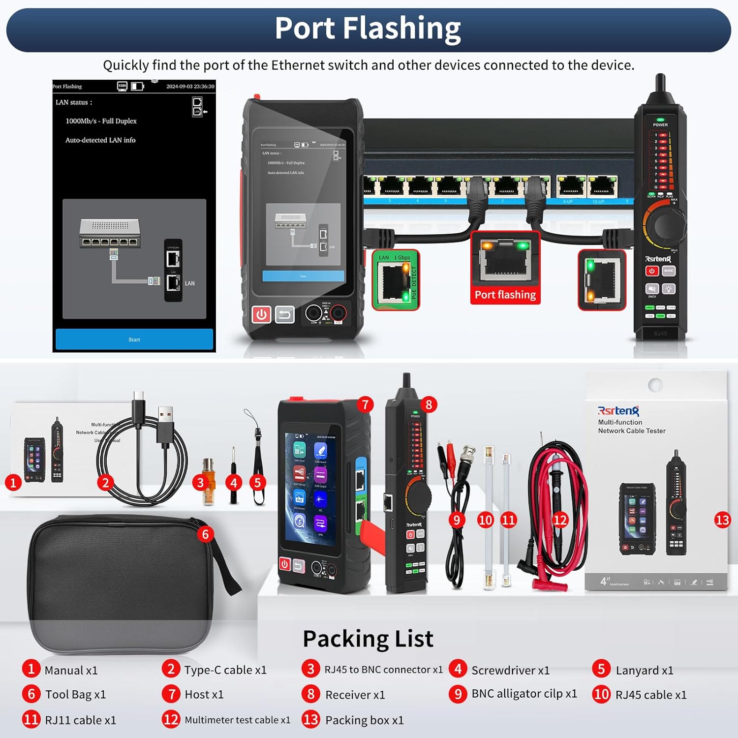 All Features Multifunction Network Caber Tester,UTP Continuity,Cable Tracer,4" IPS Touch Screen Network Tester Support TDR,DMM,OPM,Level Meter,Network Tools,POE++ Detect,RJ45 TDR,Length,FTP,NCV (L)