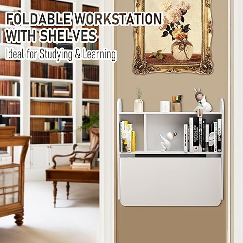 Miniatura 5 de Bixiaomei Mesa de hojas colgantes montada en la pared, escritorio flotante para laptop, mesa plegable con estantes, estación de trabajo