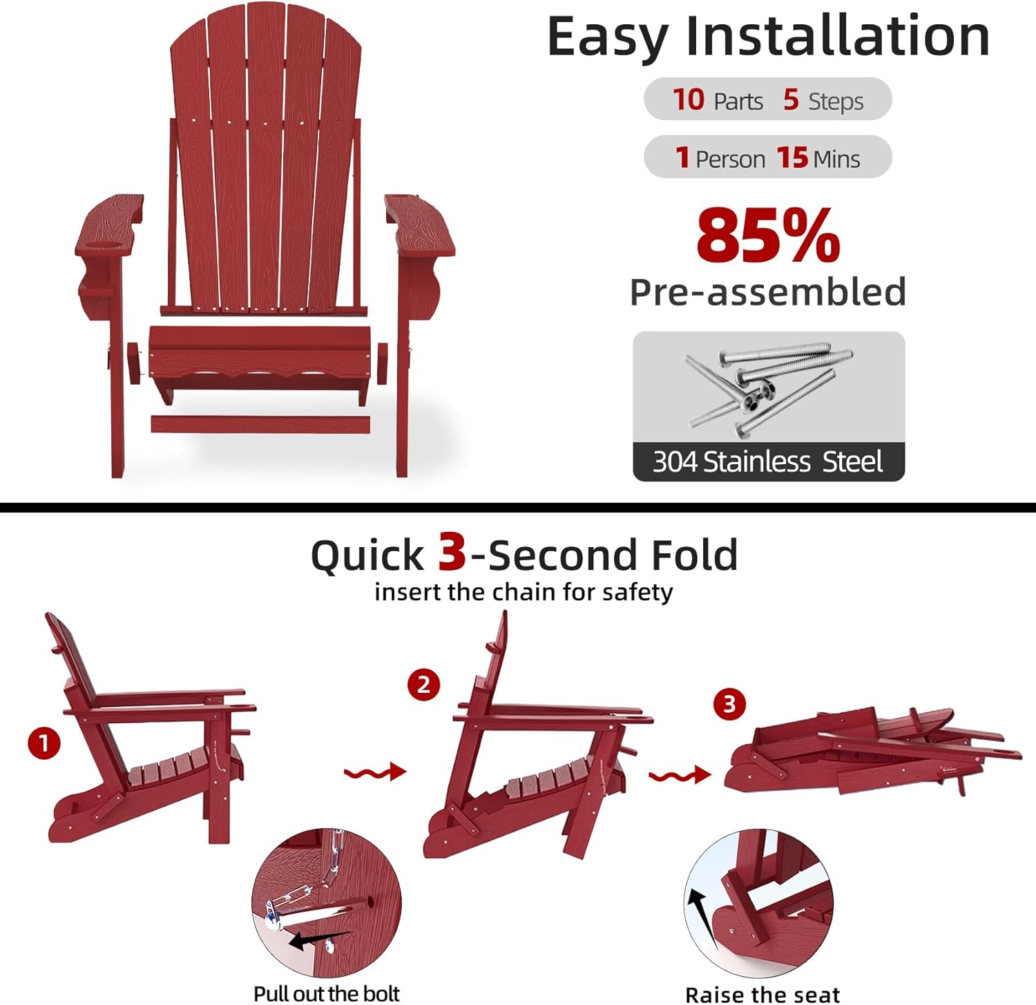 Folding Adirondack Chairs Set of 2, HDPE Fire Pit Chairs Weather Resistant, Outdoor Adirondack Chair with Cup Holder and Umbrella Hole, Wood Texture, Dark Red