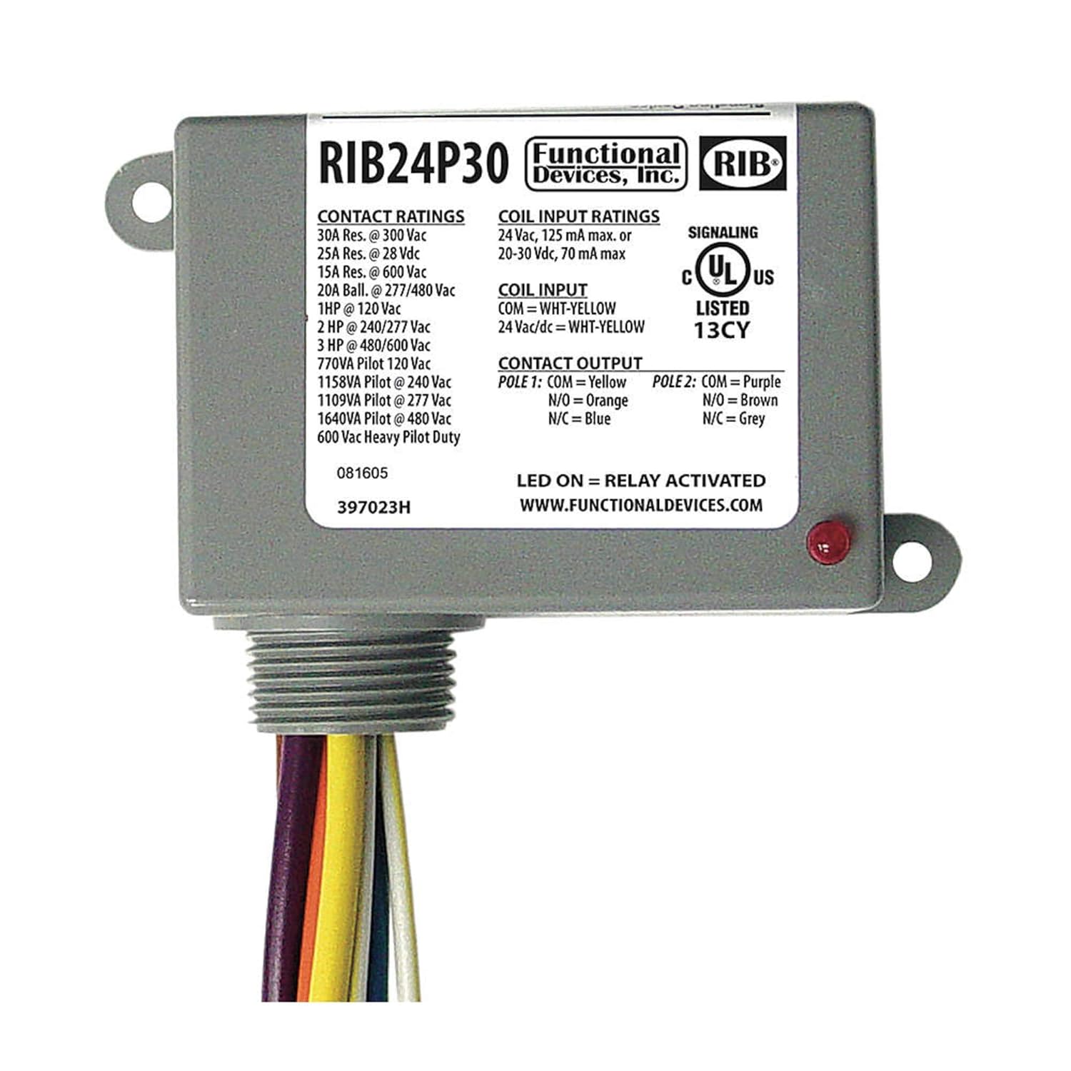 Functional Devices/Rib Enclosed Pre-Wired Relay, 30A@300Vac, Dpdt, RIB24P30