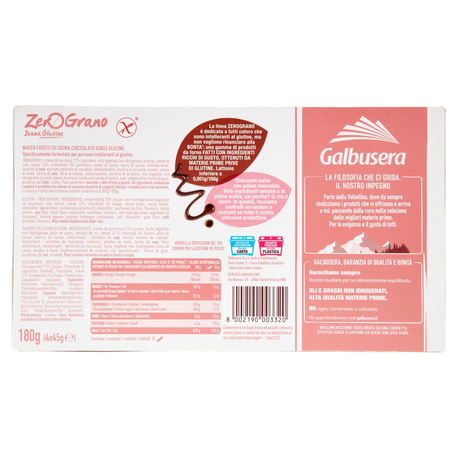 Galbusera ZeroGrano Wafer con Cioccolato Senza Glutine (Gluten Free) 180g [CAIYA® BOX da 8 Confezioni]