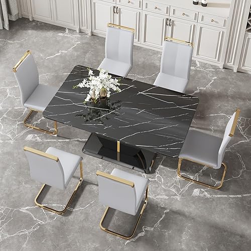 Miniatura 7 de JUFU Juego de mesa de comedor moderna para 6 personas, juego de mesa de cocina rectangular con mesa de mármol sintético y 6 sillas tapizadas de piel