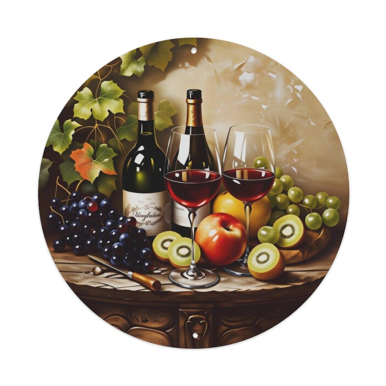 Vintage European Wine And Fruit Still Life Round Sign Vintage Aluminium Metal Sign, Retro Wall Decor for Home, Bar, Garage & Farmhouse 20x20cm