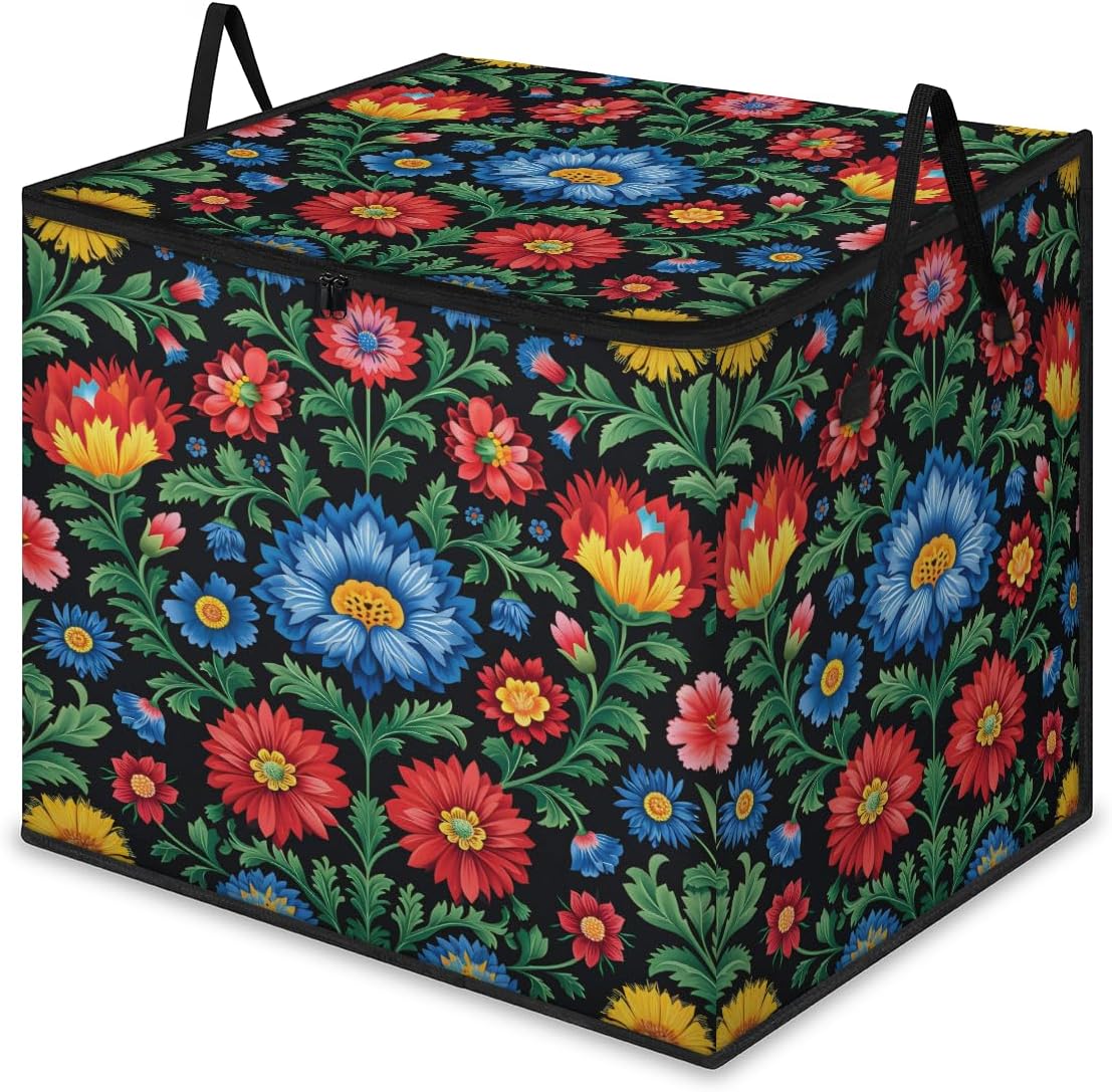 Colorful Ethnic Flowers Extra Large Storage Bag, Storage Bin with Reinforced Handles, Wide Opening Lightweight Closet Organizer for Comforter Blanket Bedding