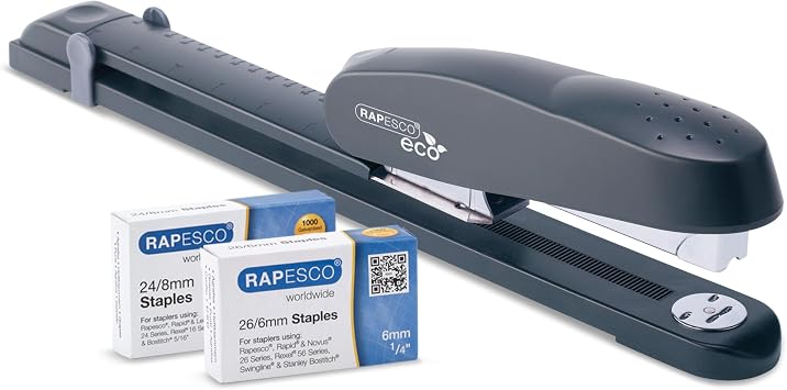 Rapesco 1480 ECO Long Reach Stapler with 2000 Staples 26 Standard 1/4" and 24 High-Capacity 5/16", 50 Sheet Capacity, Front Loading, Non-Slip Base, for Binding Books, Brochures or Cards, Charcoal | Heavy-Duty All-Metal Chassis, Includes 2000 Staples, Rotating Anvil for Pinning, Adjustable Paper Guide, for Office