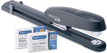 Rapesco 1480 ECO Long Reach Stapler with 2000 Staples (26 Standard 1/4" and 24 High-Capacity 5/16"), 50 Sheet Capacity, Front Loading, Non-Slip Base, for Binding Books, Brochures or Cards, Charcoal