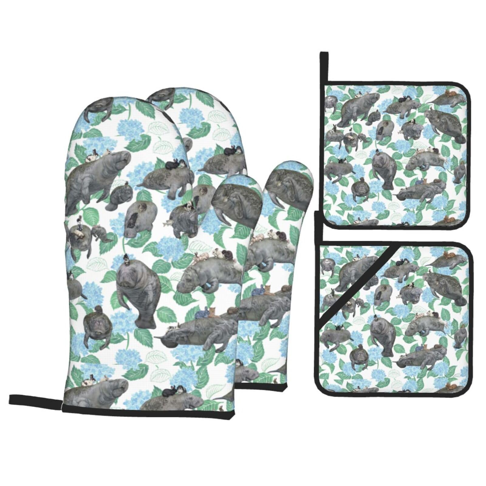 Rabbits Manatees Print Kitchen Oven Mitts And Pot Holders Set,Hanging Loop Design For Cooking Baking Bbq