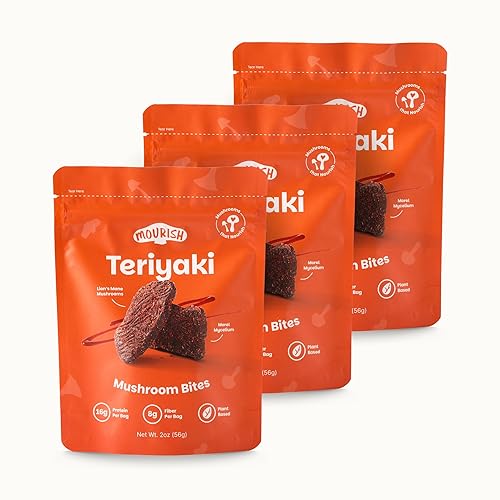 Miniatura 13 de Mourish Vegan Mushroom Bites - Trío de aventuras picantes, paquete de 3 (2 onzas), buena fuente de proteína y fibra, carne seca a base de plantas