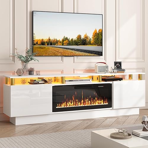 Miniatura 10 de PUKAMI - Soporte de TV con chimenea de 70 pulgadas, con chimenea eléctrica de 36 pulgadas, centro de entretenimiento con luz LED y almacenamiento,