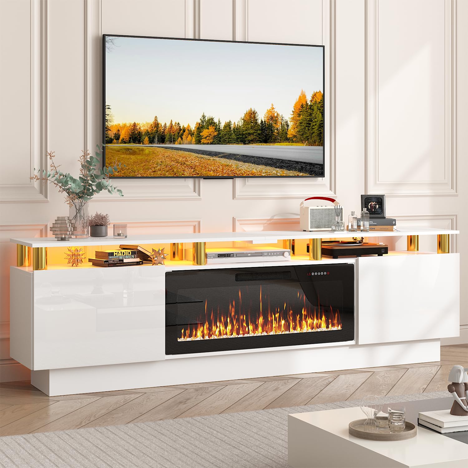 PUKAMI 70" Fireplace TV Stand with 36" Electric Fireplace, LED Light Entertainment Center with Storage, 2 Tier Modern Wood Media TV Console with