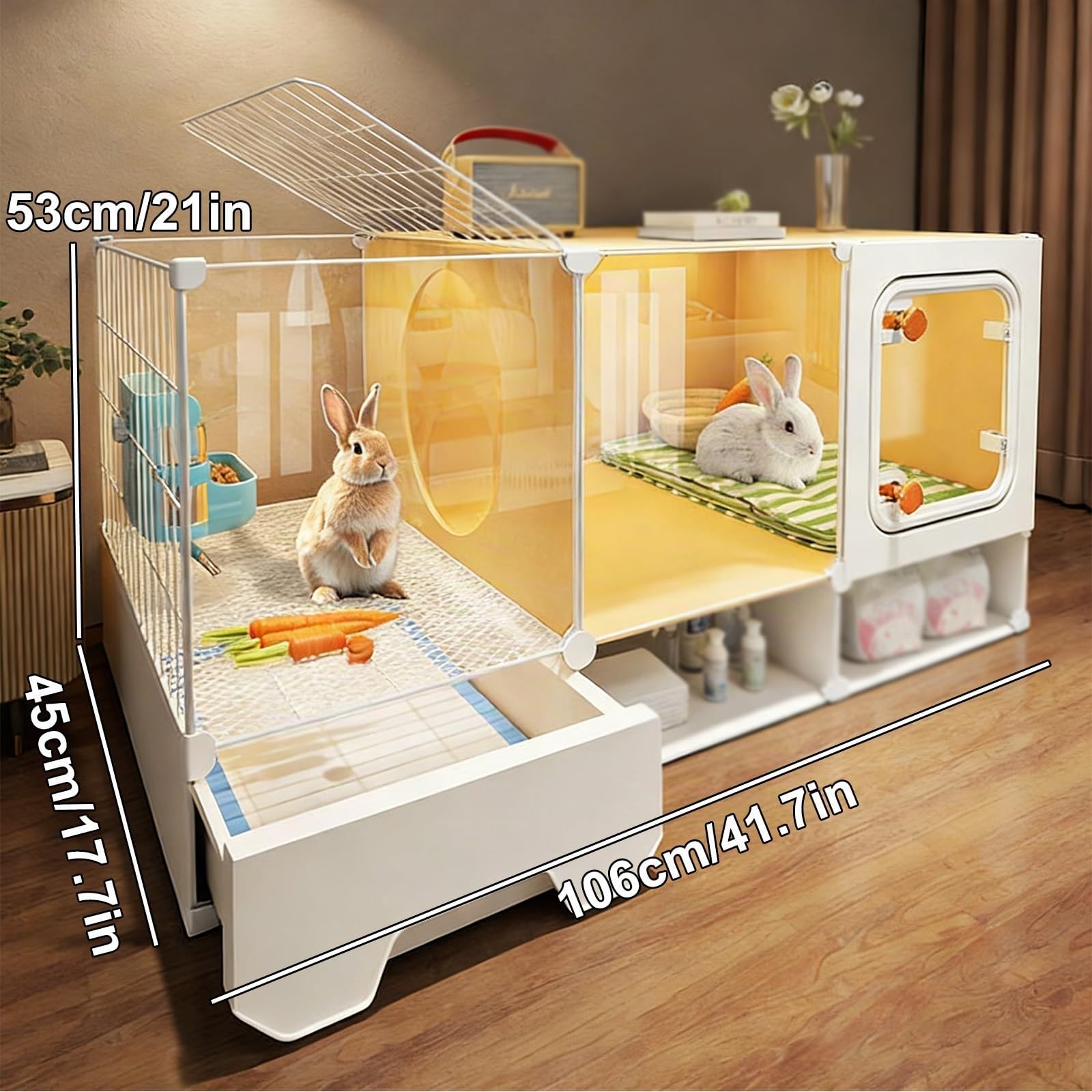 Cage Lapin d'intérieur, Cage avec Plateau Coulissant et Espace de Rangement, Maison Lapin Transparente, for Petits Animaux(106x45x53CM)