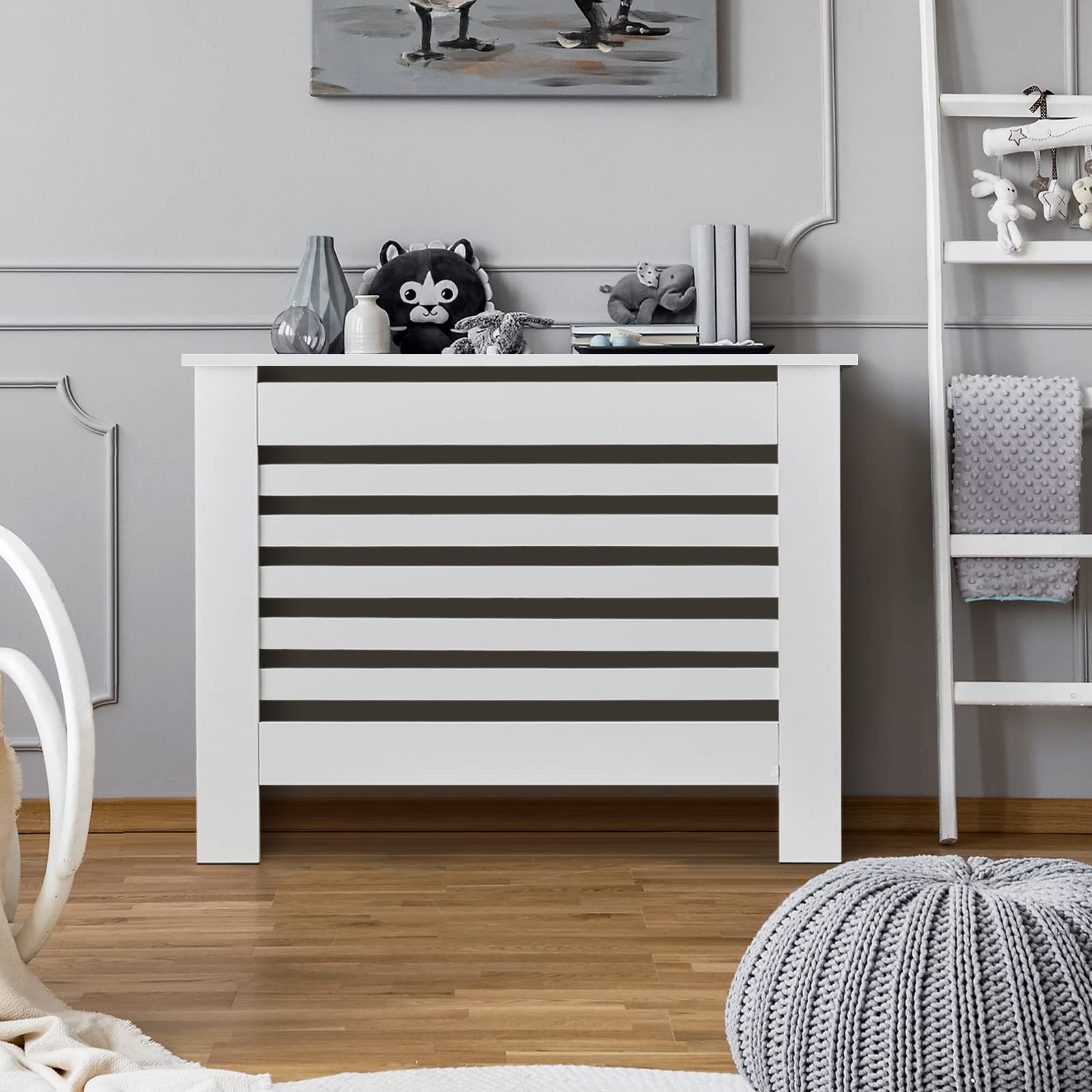 CLIPOP Moderne Heizkörperverkleidung, weiß lackiert, vertikale Lattenrost, MDF-Schrank, weiß, M