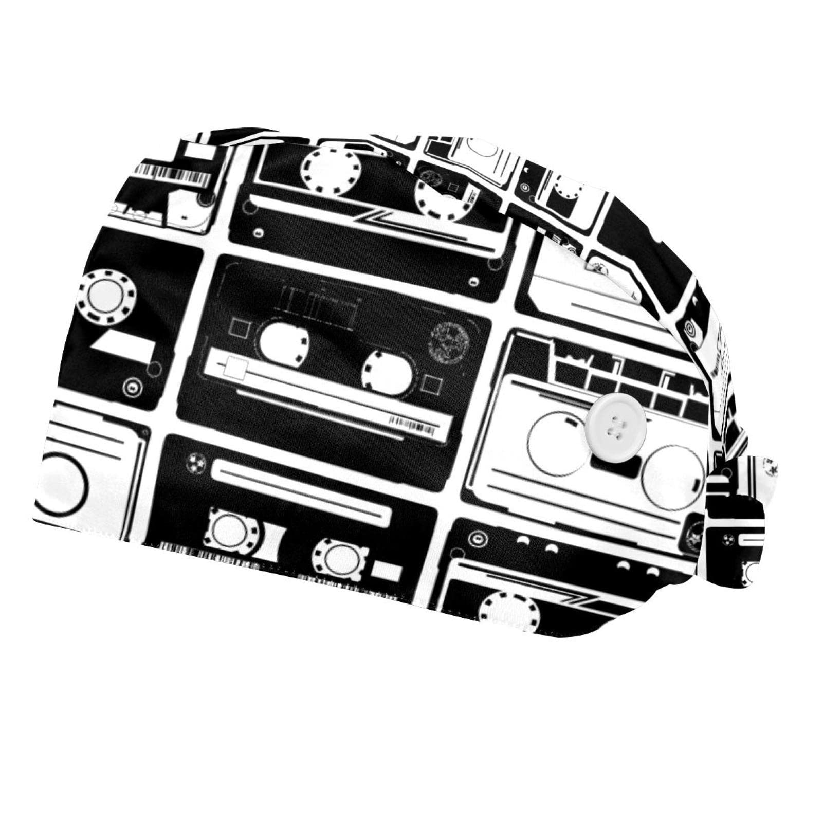 Pulongpoq Working Cap with Button, 2 Pcs Adjustable Tie Back Hat Sweatband Hair Cover for Women Men, Old Retro Audio Tapes