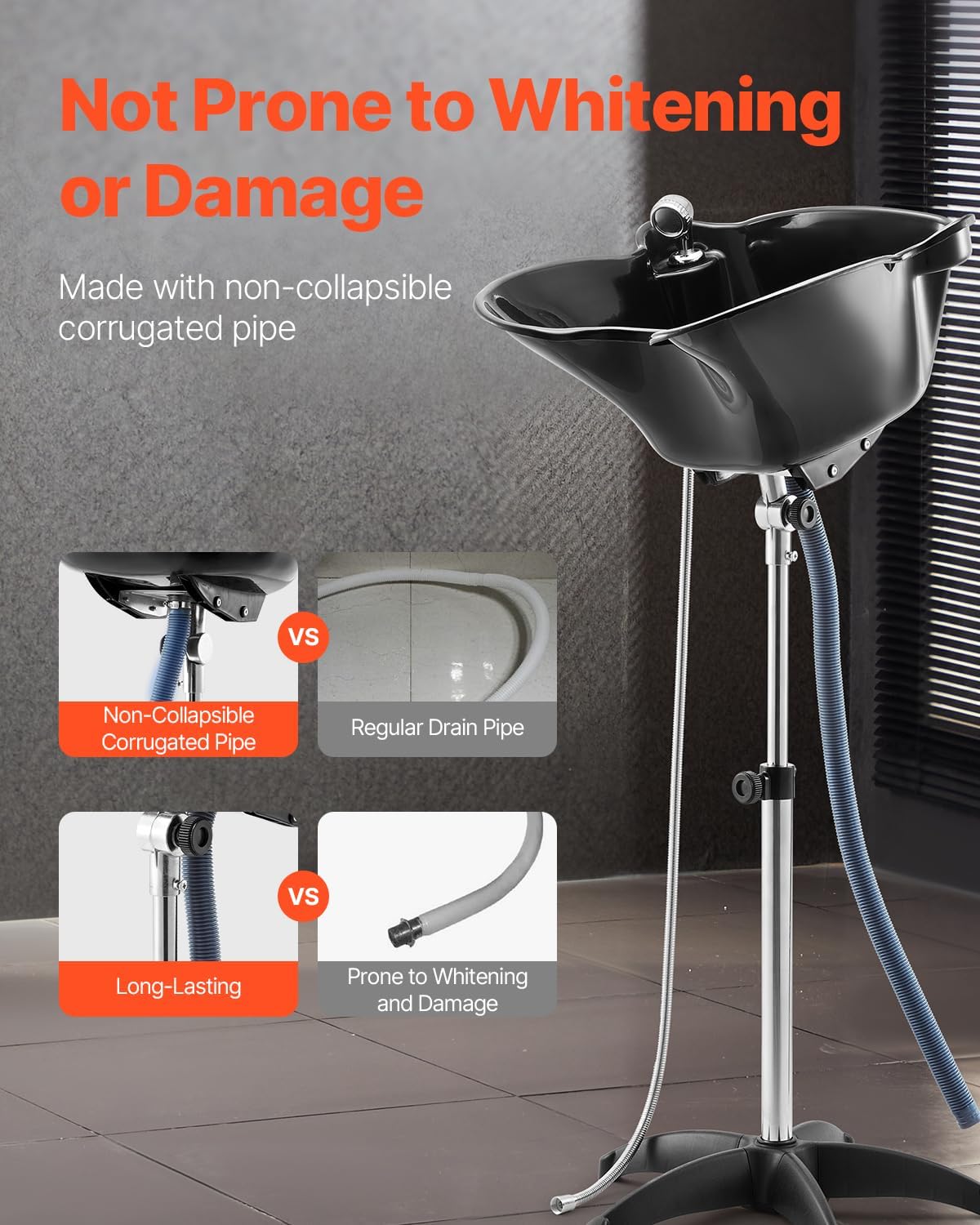 VEVOR Portable Shampoo Bowl, Deep Shampoo Sink with Adjustable Height & Angle, Includes Drain Hose, Shower Head, Lightweight Hair Wash Basin for Barber Salon Spa Center & Home Use, Black