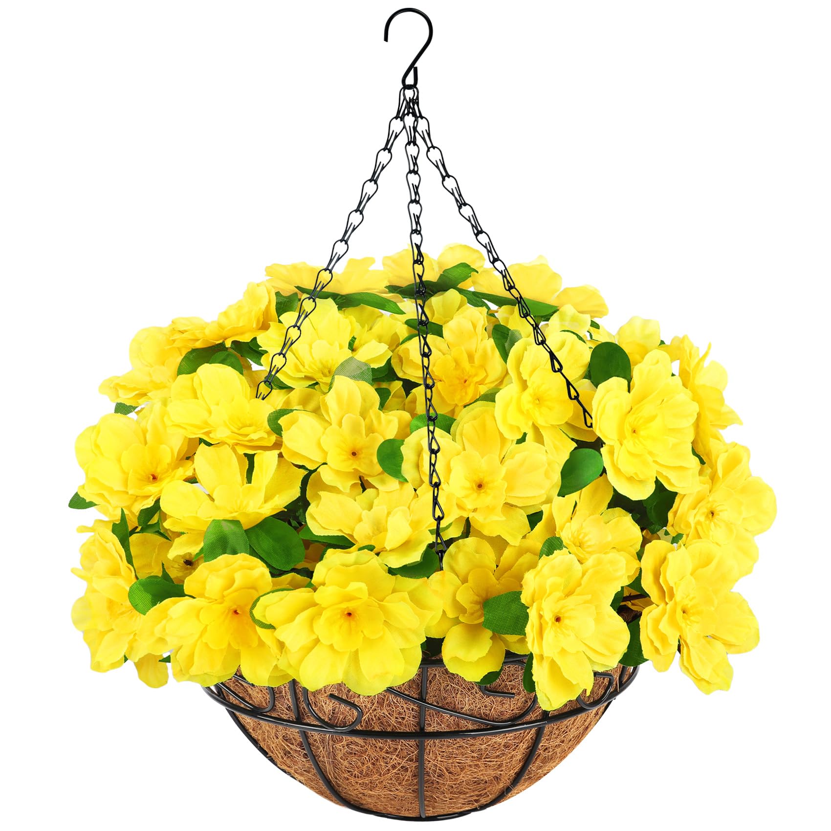 Ouddy Decor Artificial Hanging Flowers with Basket, Silk Azalea Flowers in Coconut Basket, Fake Hanging Plants Artificial Decor for Outdoor Indoor