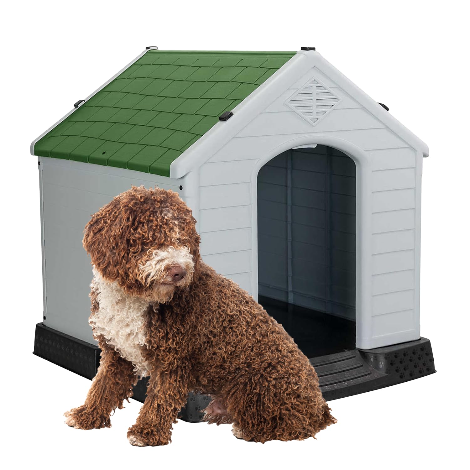 Aqpet Caseta para Perros de plástico para Exterior Interior casa jardín Impermeable con Suelo Elevado, para Perros Talla Grande, 105 x 96 x 98 cm, Verde