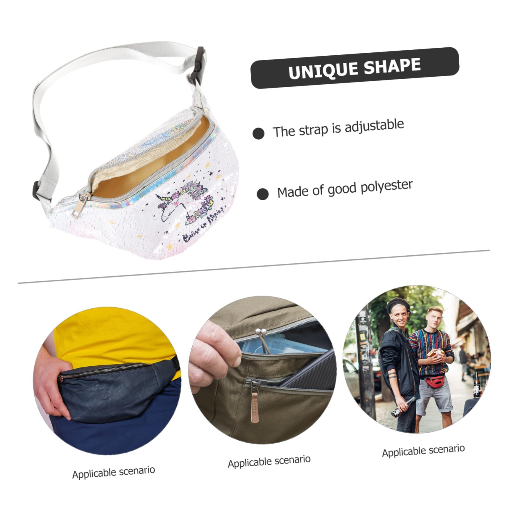 3stücke Sequin Bauchtasche Für Damen Verstellbarer Sportgürtel Für Fitness Festivals Und Reisen Glänzende Cartoon-Tasche Für Handy Und Essentials Weiß