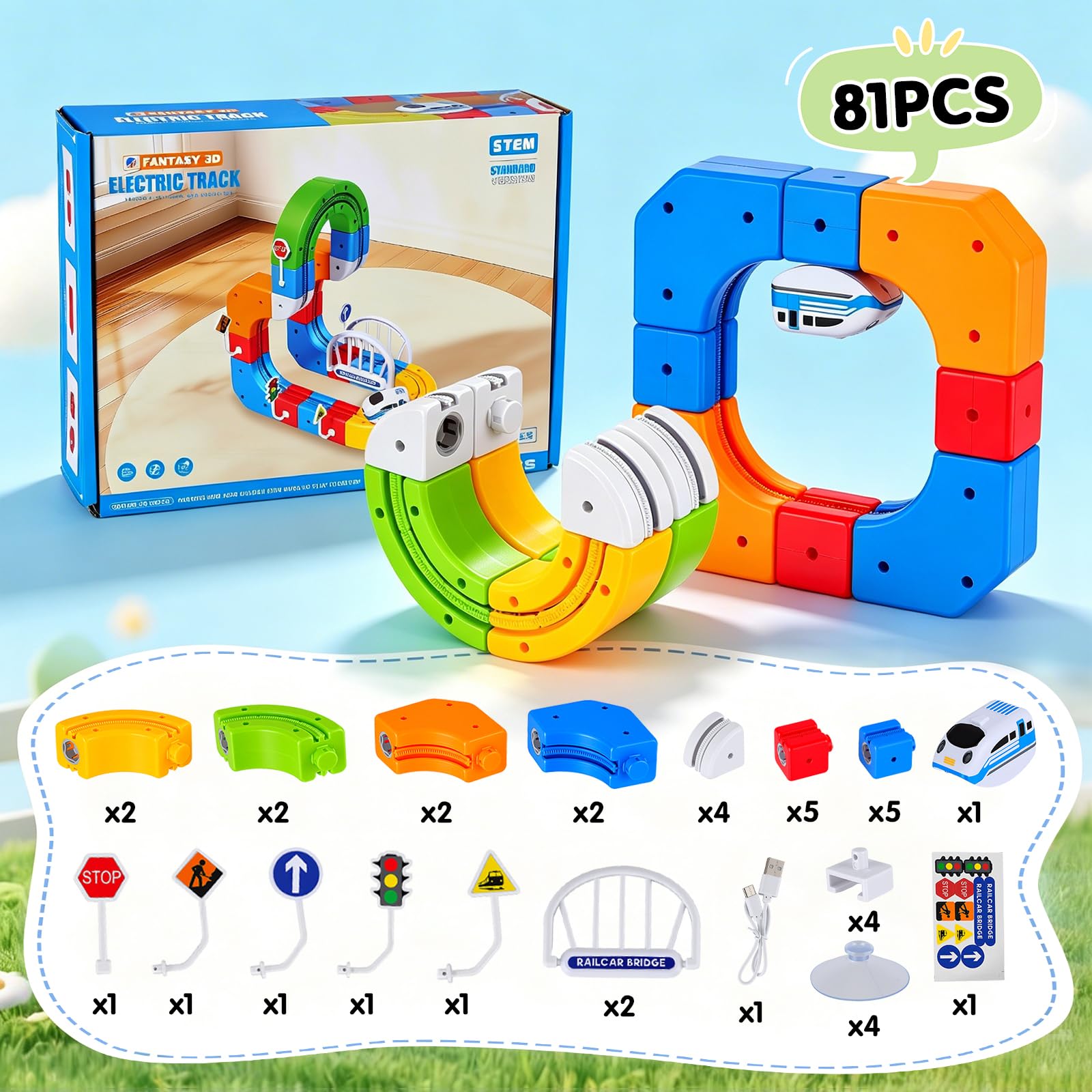 Tren Eléctrico Niños 82 Piezas con 1 Tren – Pista 3D Antigravedad klick-Rail, Bloques de Construcción DIY Cube Track, Juguete Educativo Stem para Niños de 4 a 8 Años