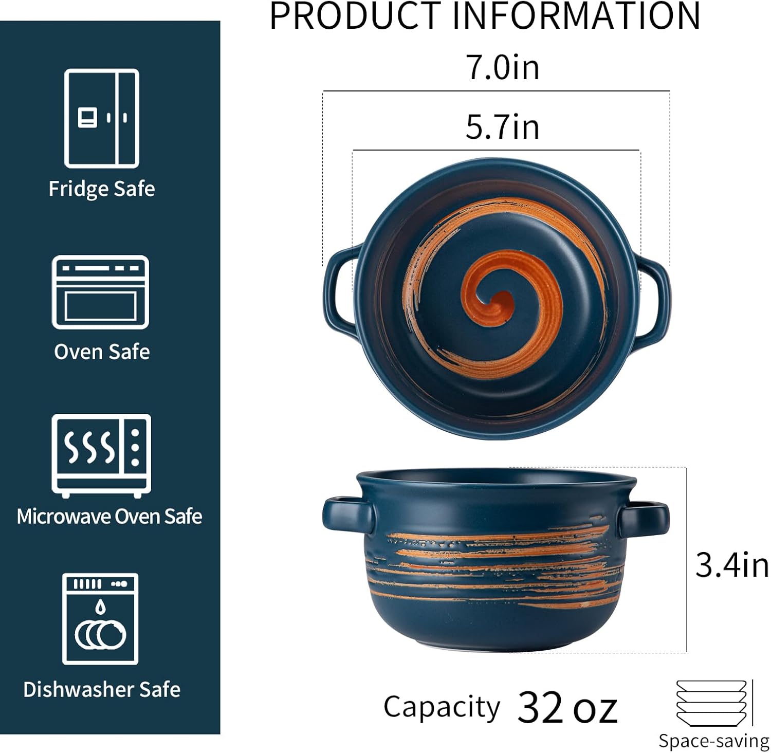 YUN TAO 32 oz Versatile Deep Soup Bowls with Handles, Large Ceramic Soup Crocks for French Onion, Ramen, Stews, Pot Pies, Cereal, Oven & Dishwasher Safe - Set of 4