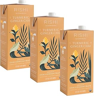 Rishi Tea Turmeric Ginger Chai Latte - Organic Herbal Tea Concentrate with Ayurvedic Ginger, Easy-to-Serve Hot or Iced Caffeine Free Chai Mix - 32 oz Carton, 8 Servings (Pack of 3)