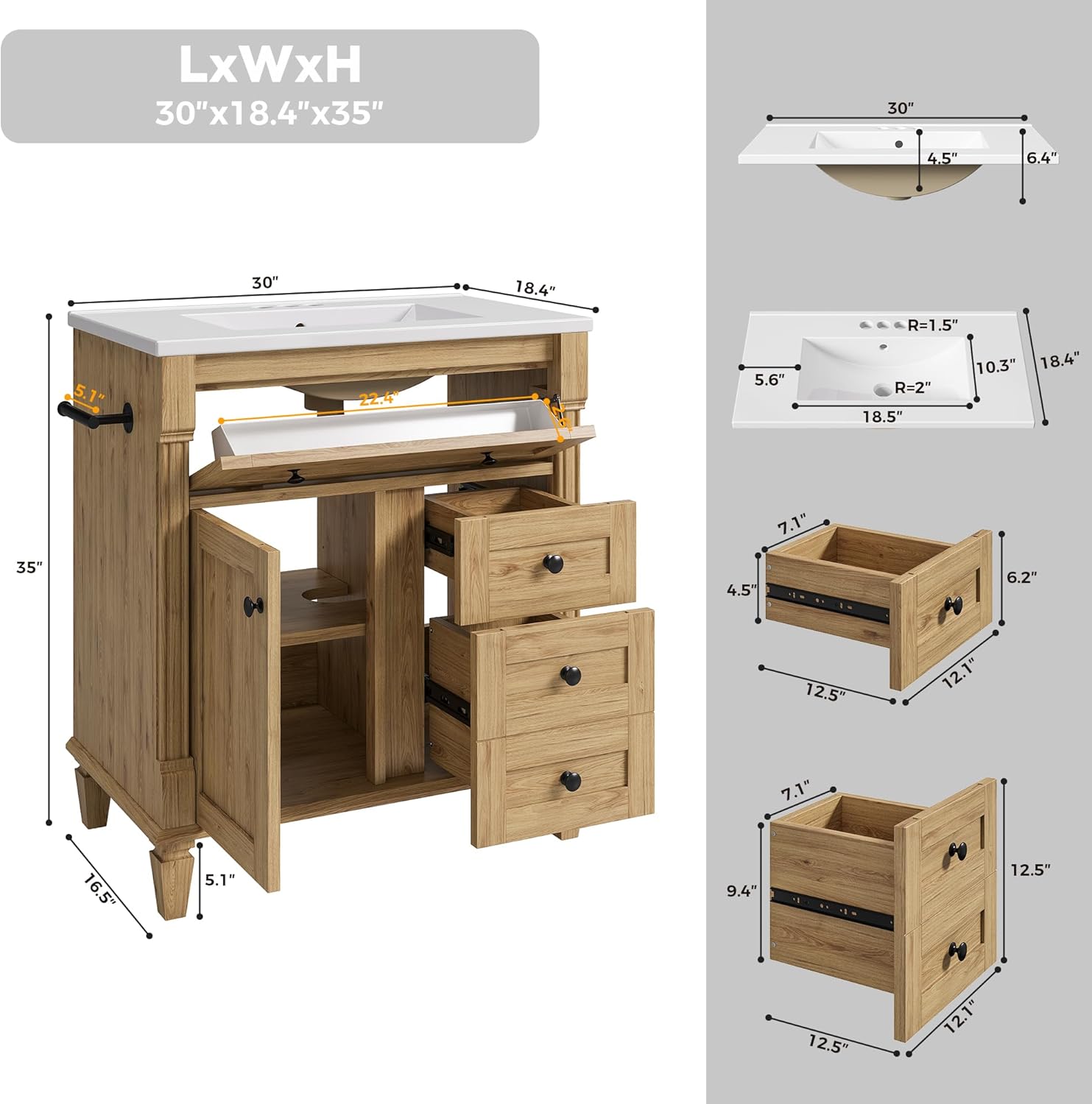 LIKIMIO 30 Inch Bathroom Vanity with Sink, Towel Holder & Adjustable Solid Wood Legs for Uneven Floor, Modern Bathroom Storage Cabinet with Tip-Out Drawer, 2 Drawers & Adjustable Shelf, Nature