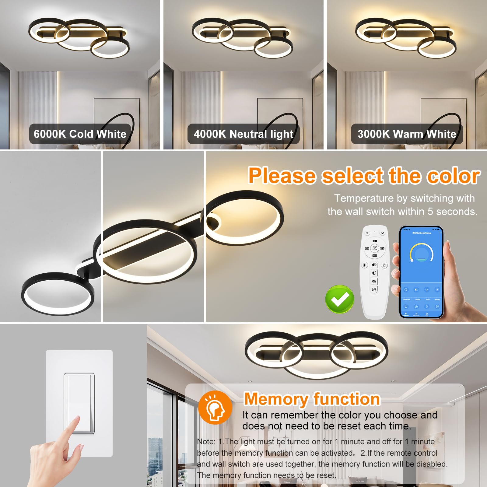 MYCUL Plafoniere led a soffitto moderni,Lampadari soffitto dimmerabile con telecomando,Lampada da soggiorno e camera da letto da 3000K-6000K,Plafoniera da soffitto per cucina sala da pranzo Nero