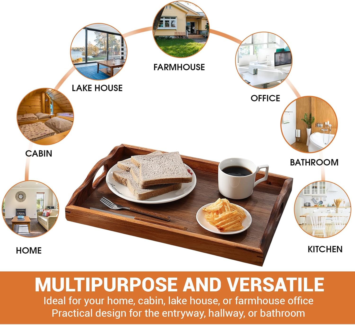 Nature Walnut Wooden Serving Tray with Handles, Solid Wood Food Tray for Coffee, Breakfast, Dinner, Ottoman,16.6x11.8x2.4 inches - Image 6