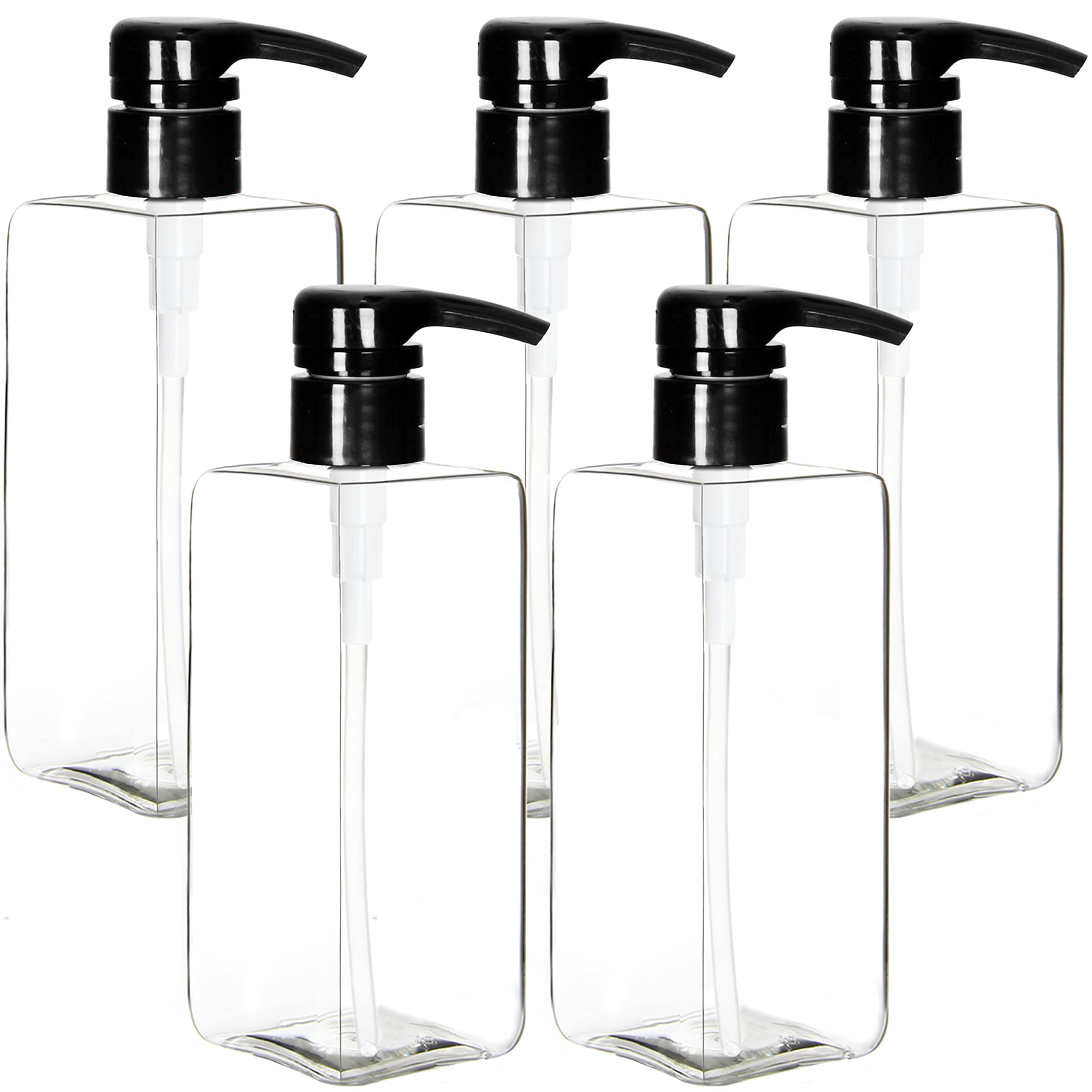 Youngever5 Pack Pump Bottles for Shampoo 16 Ounce, Empty Shampoo Pump Bottles, Plastic Square with Lockdown-Leak Proof-Pumps (Black Pump)
