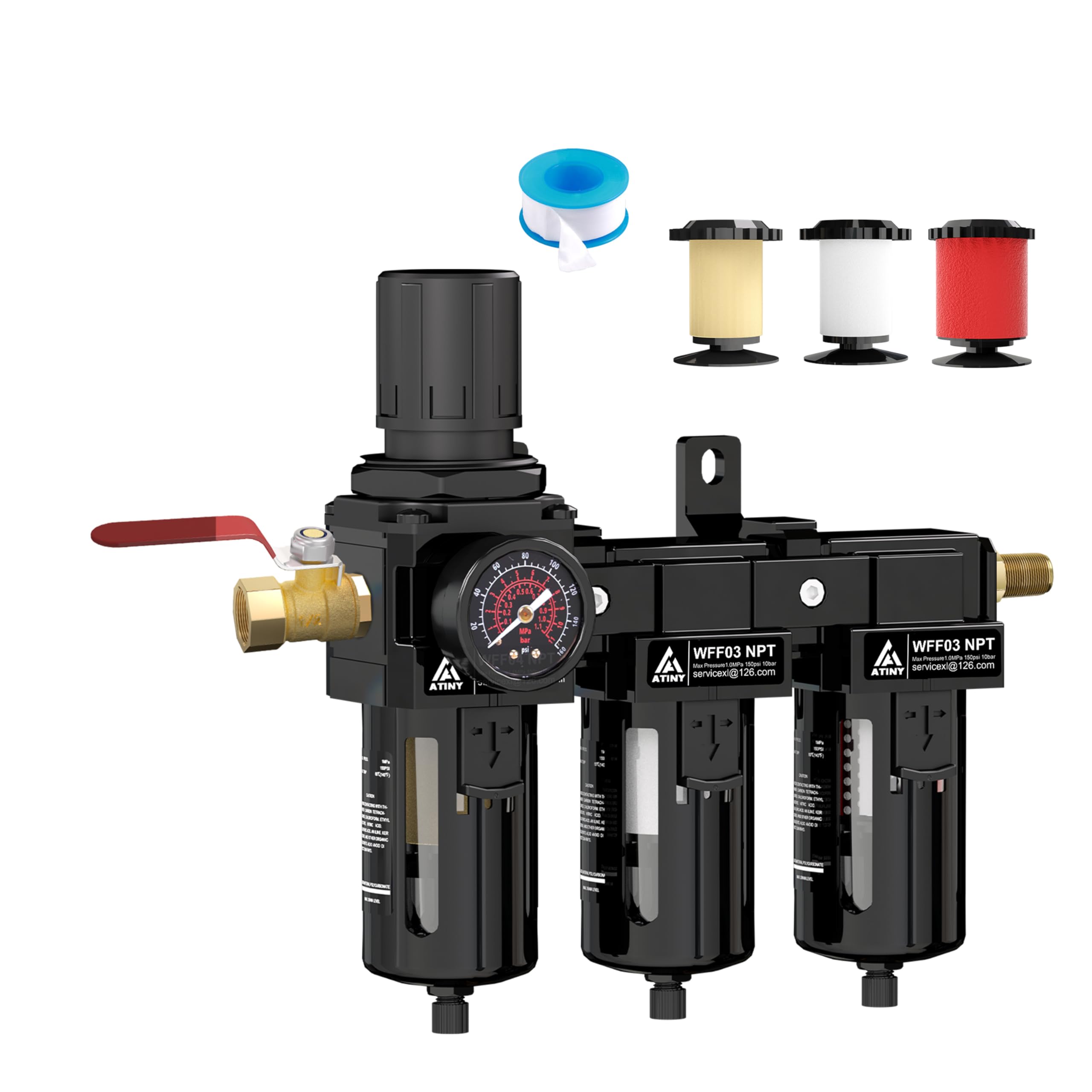 3/8 Zoll Dreifach-Luftdruckregler für Spritzpistolen und Pnuematikwerkzeuge, 5 & 0,5 & 0,01 Mikron Filter Wasserabscheider, halbautomatischer Abfluss, Metallhalterung, Schwarz