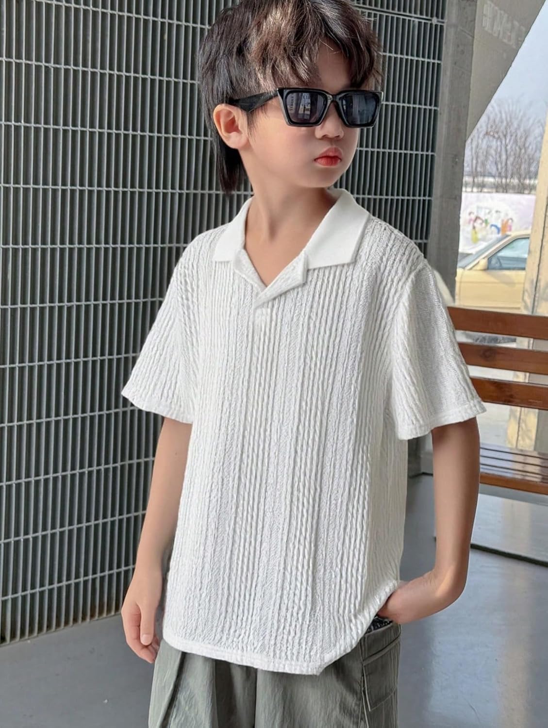 OYOANGLE Boy's Short Sleeve Collar Neck Cable Knitted Solid Plain Golf Uniform Shirt - Image 6