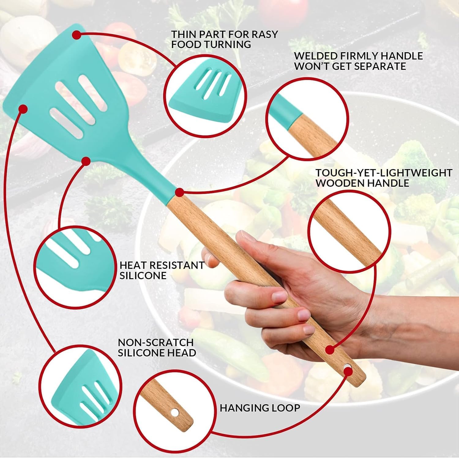 JUGTE - Juego de 12 espátulas de silicona antiadherentes, mango de madera de aislamiento resistente, accesorios de cocina para cocinar con espátula (verde)