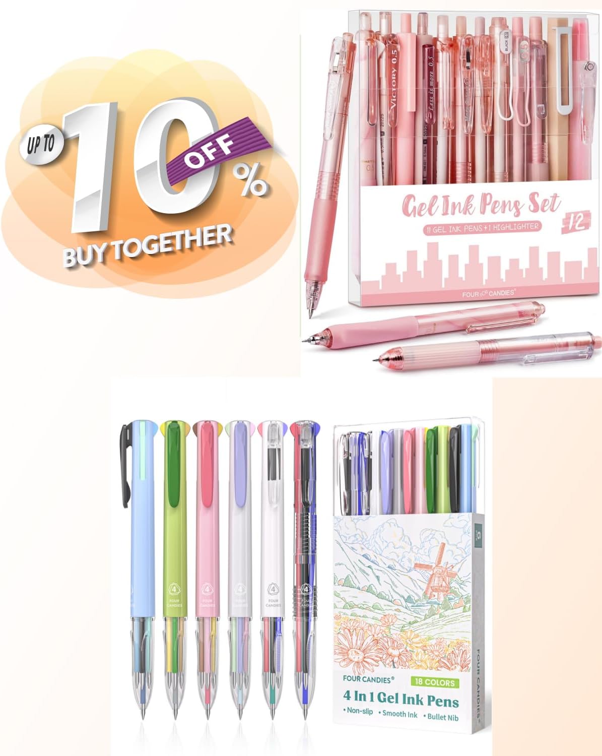 Four Candies 6 PCS Multicolor Pen + 12Pack Pastel Gel Ink Pen Set