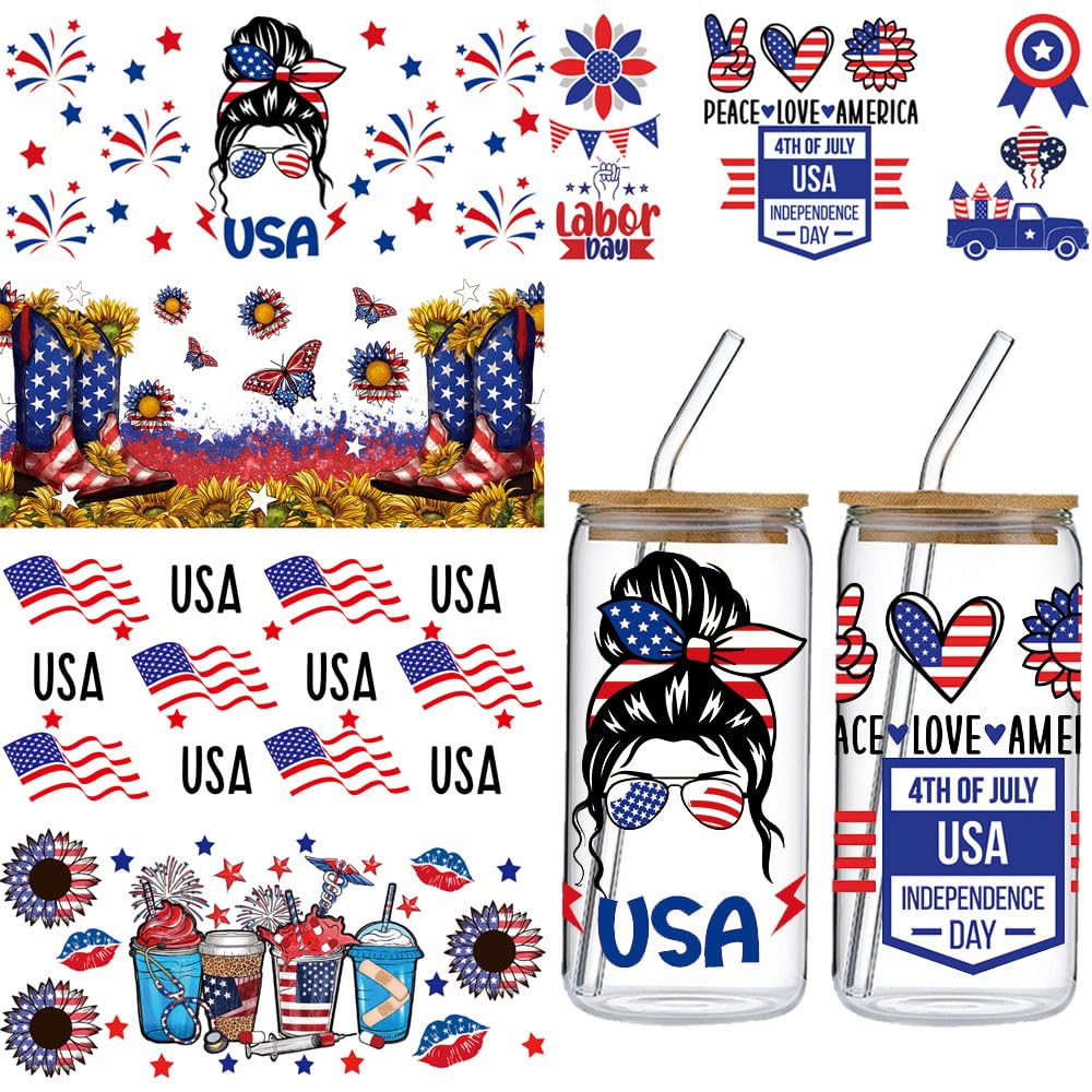 5 Sheets Independence Day UV DTF Cup Wraps Transfer Sticker, Red Blue Cup Wraps Decal Stickers Personalized Waterproof Rub on Cup Topper Sticker for