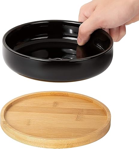 Miniatura 3 de Paquete de 2 macetas de 6 pulgadas, maceta de cerámica negra para suculentas con bandeja de bambú y orificio de drenaje para plantas de interior