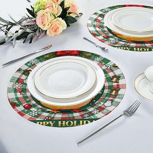 Miniatura 6 de Merry Christmas Chicken Green Plaid Place mats for Round Tables Kids Washable placemats Set of 4 15x15 in manteles para mesa