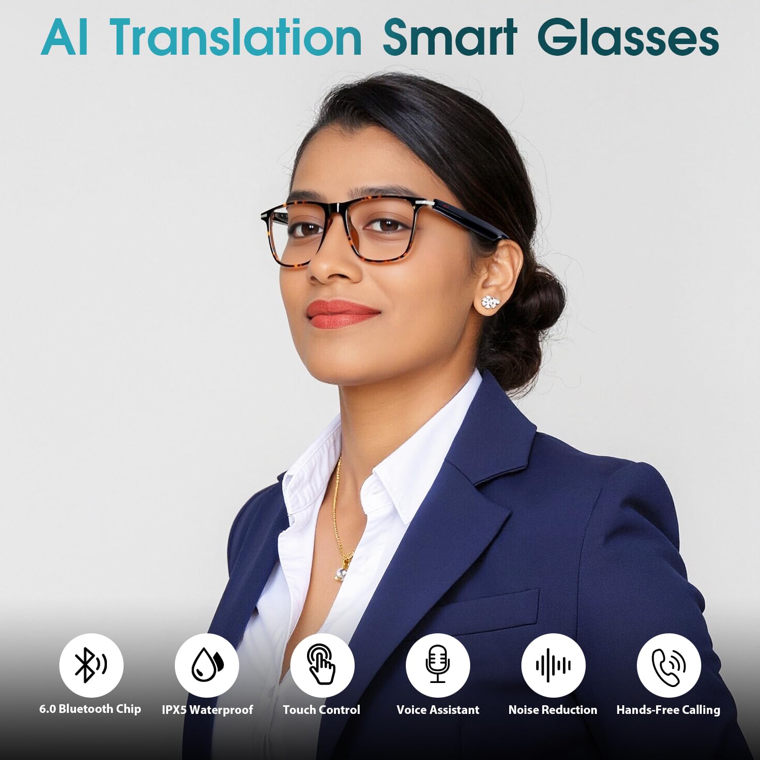 Occhiali intelligenti AI per uomini e donne, supporta oltre 160 lingue, traduzione in tempo reale tramite app, design audio open ear, lenti fotocromatiche, Bluetooth 6.0, occhiali da traduzione per