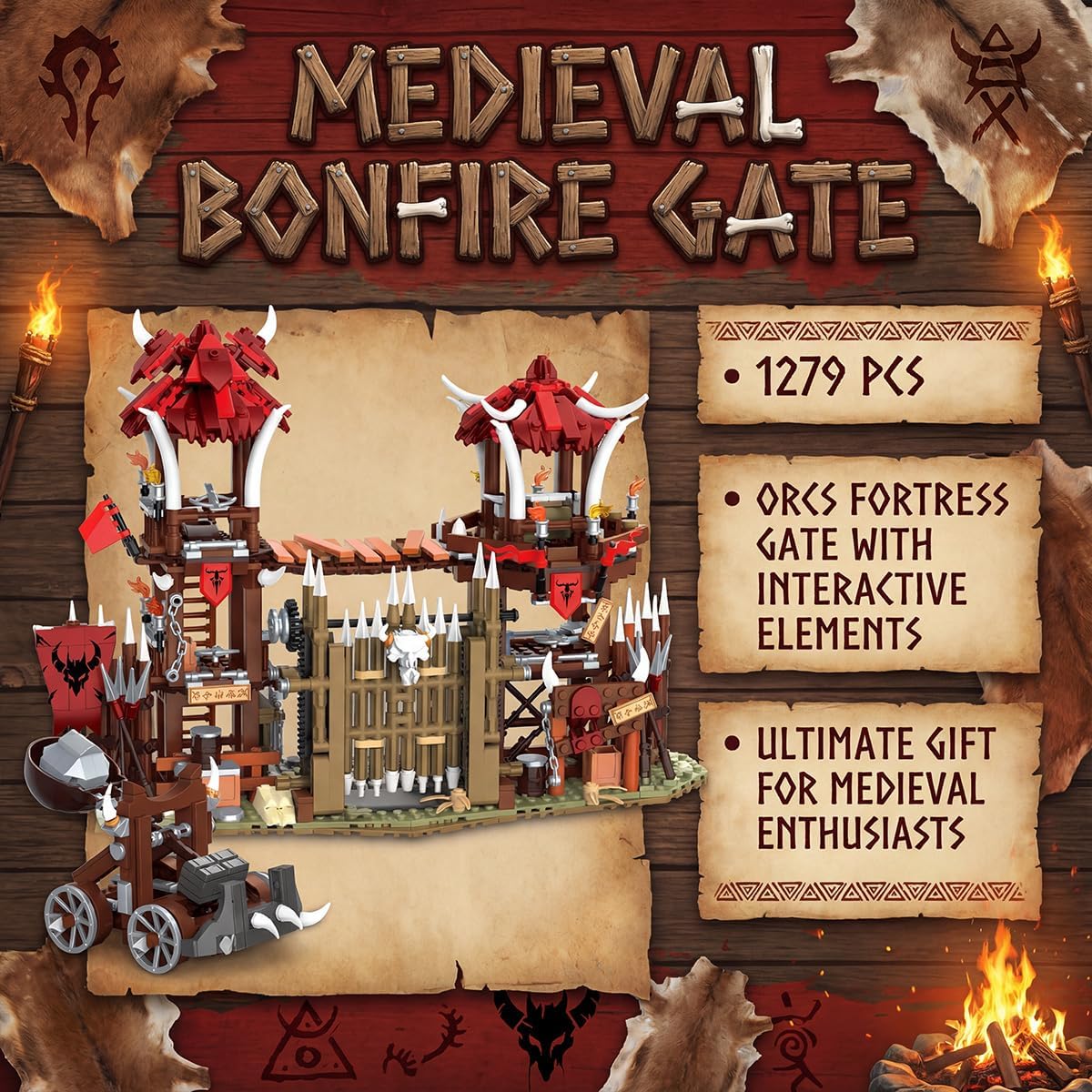 Medieval Bonfire Gate Castle Building Sets for Adults, Orc Fortress Watchtower & Catapult Architecture Modular, Knights Viking Village Home Decor 1279 PCS