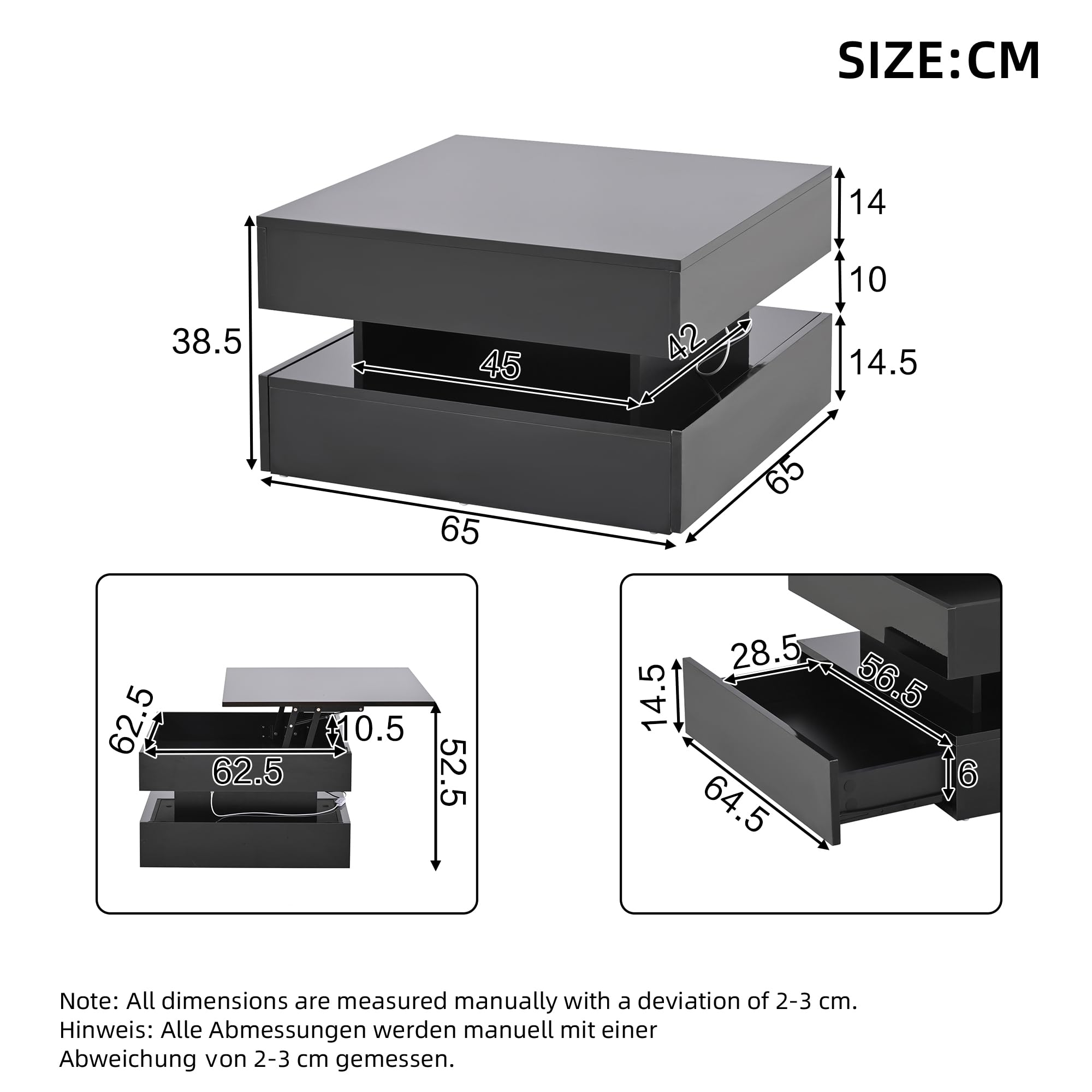65 x 65 x 38,5 cm elevable mesa de salón auxiliar, mesa de centro brillante con barra de luz LED, mesa de sofá con 2 cajones, color negro