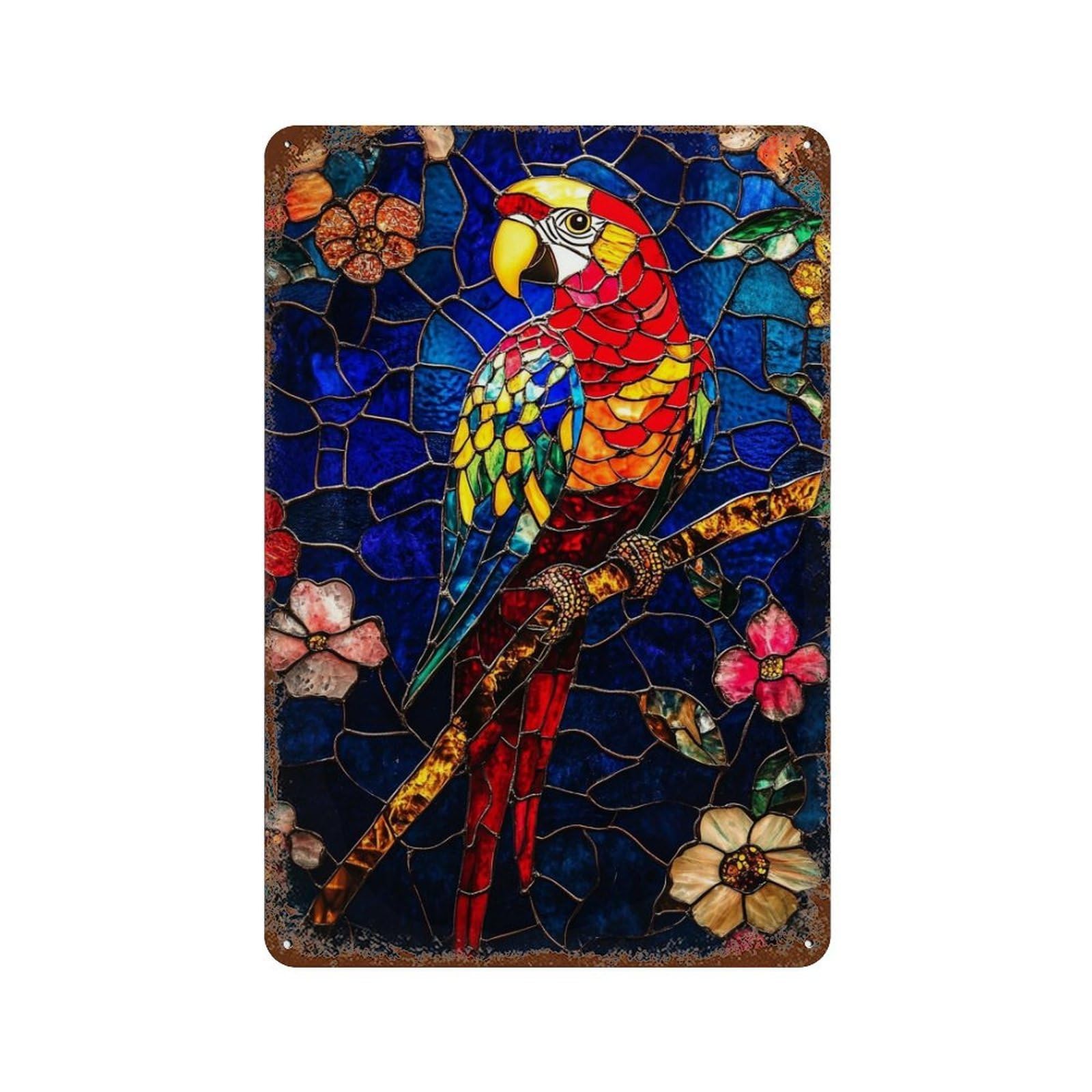 Stained Glass Parrot Artwork-8 11.8"x7.9" Aged Metal Wall Plaque, Classic Wall Plaque for Pub, Kitchen And Man Cave Decor